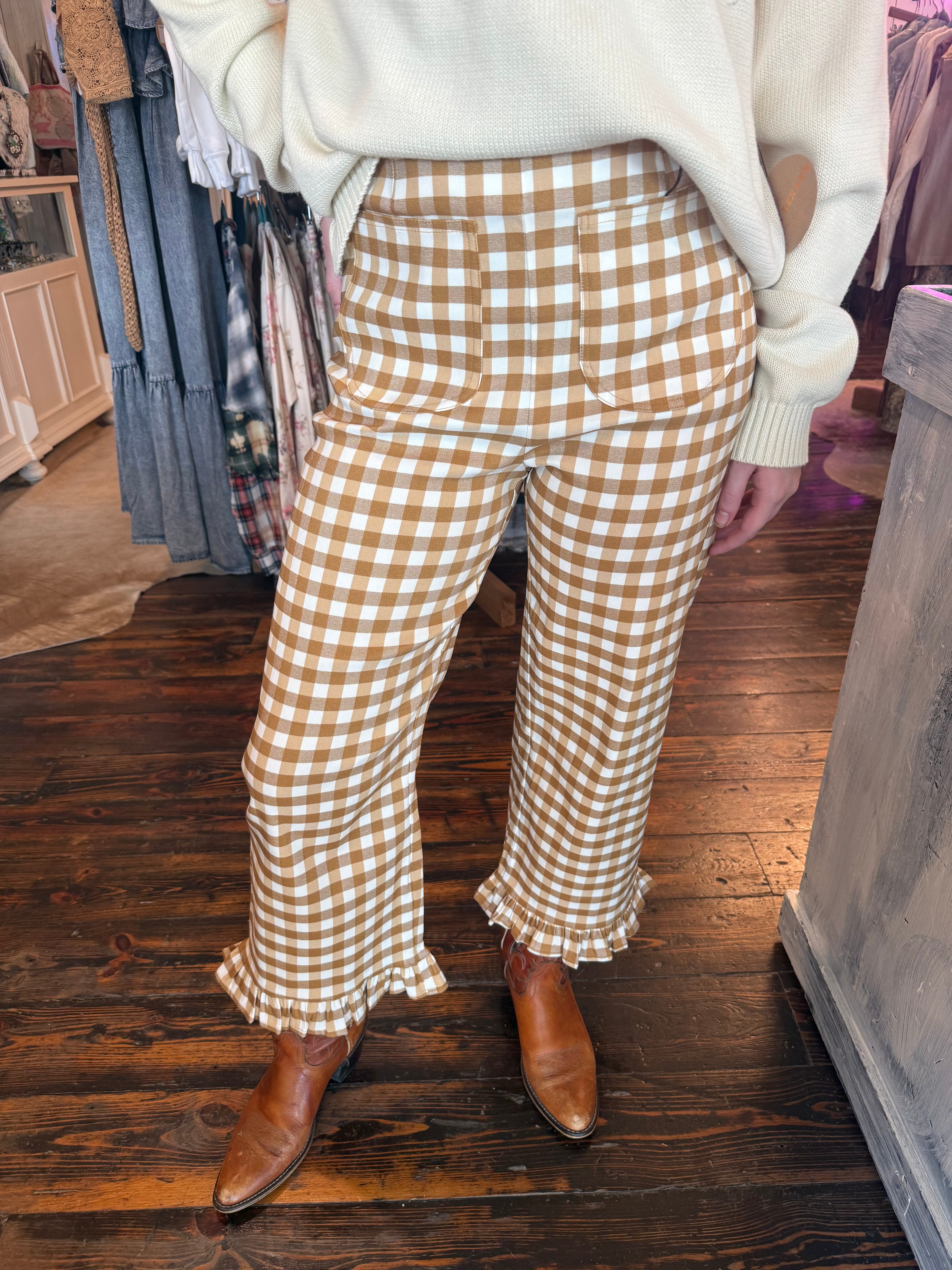 Ee Some Gingham Ruffle Trim Straight Leg Pants