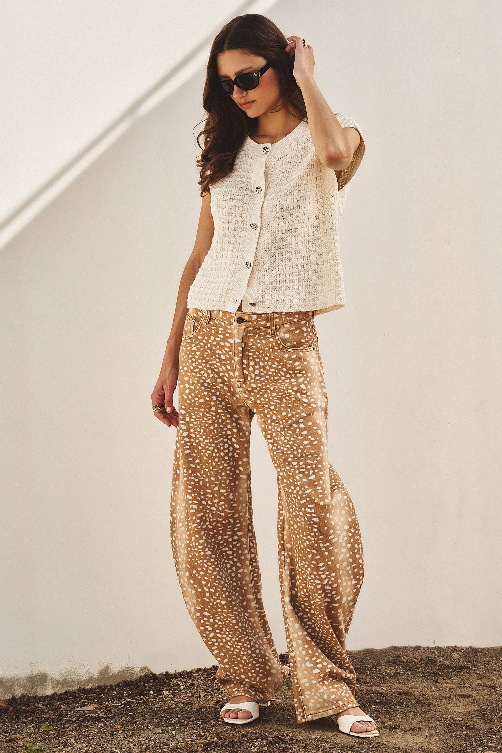 Bambi Deer Print Wide Leg Denim Pants