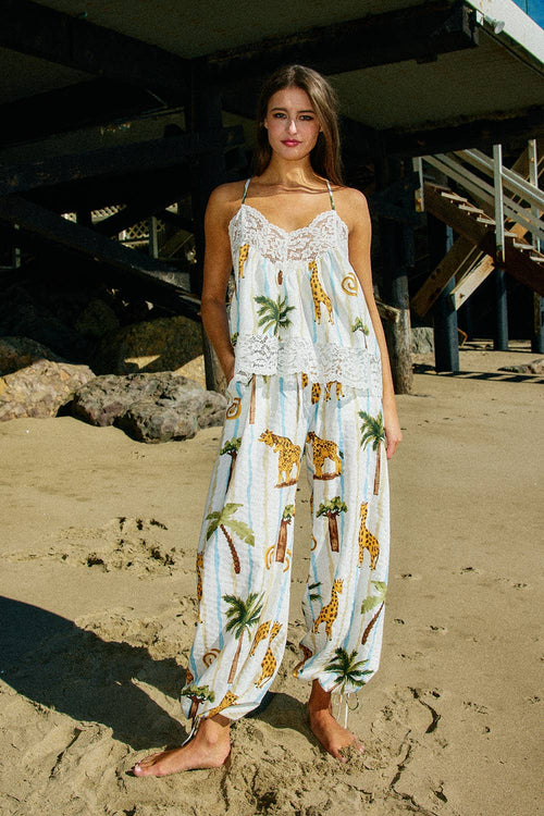 Comfy Elastic Waist Tropical Print Pants