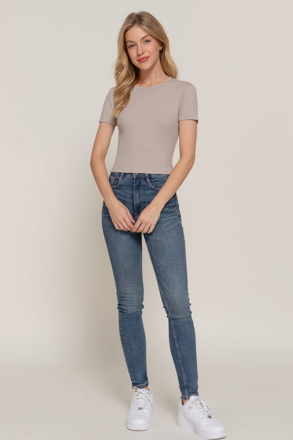 Short Sleeve Crew Neck Rib Knit Top