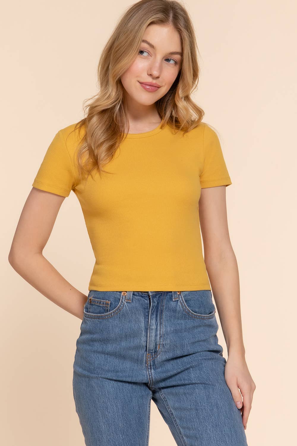 Short Sleeve Crew Neck Rib Knit Top