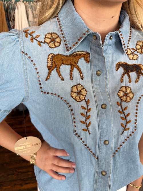 Chambray Embroidered Top