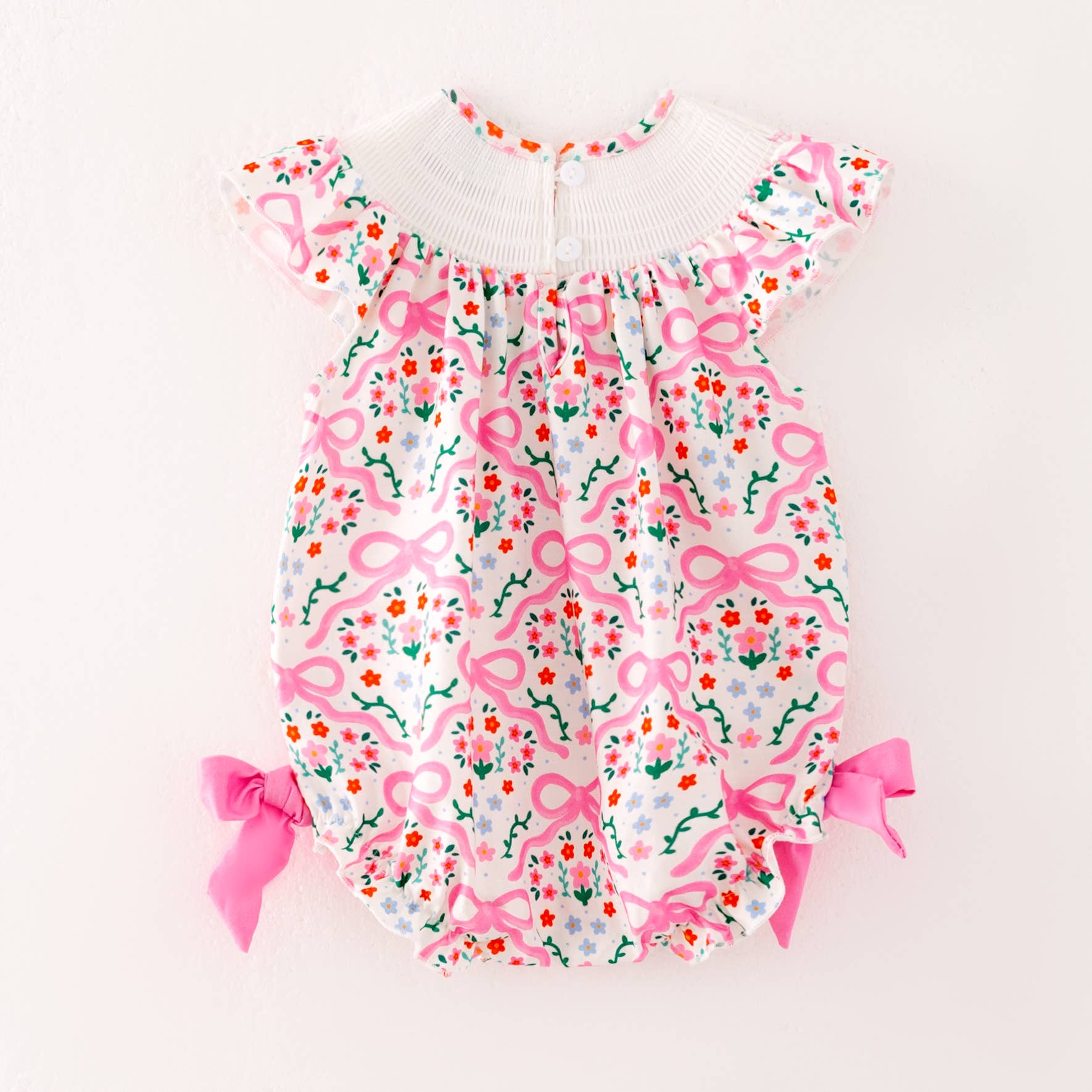 Girls Summer Pink Floral Silly Goose Smock Embroidery Romper