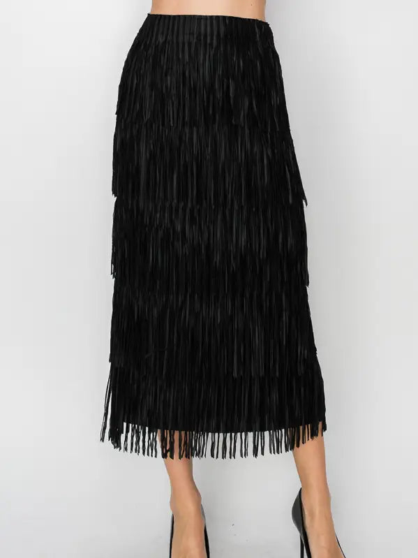 Origami Apparel Layered Fringe Tiered Skirt Black
