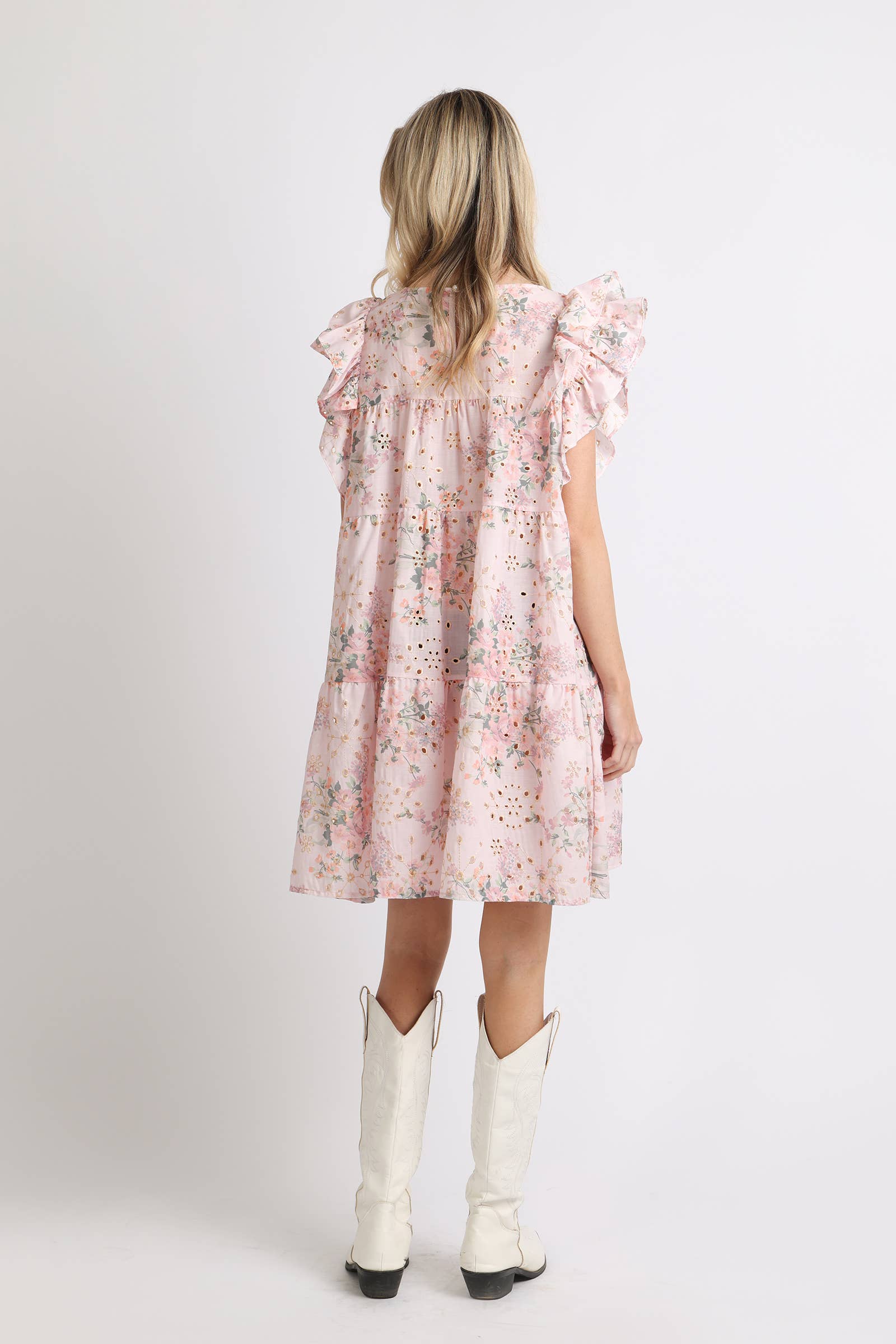 Micro Hollow Out Floral Print Ruffled Mini Dress