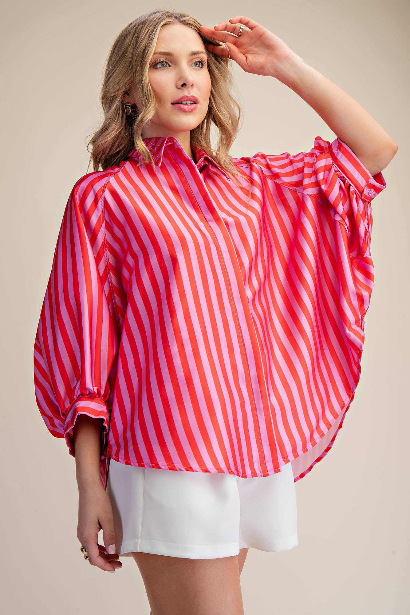 Oversized Shirt With Balloon Sleeve - Stripe