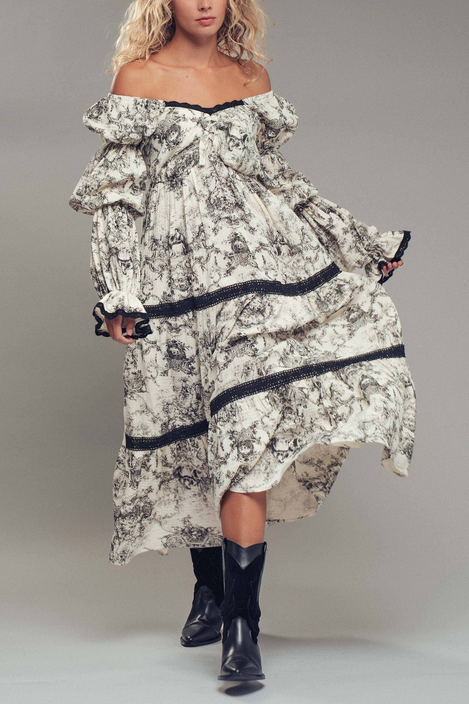 Off-Shoulder Tiered Puff Sleeve Midi Dress