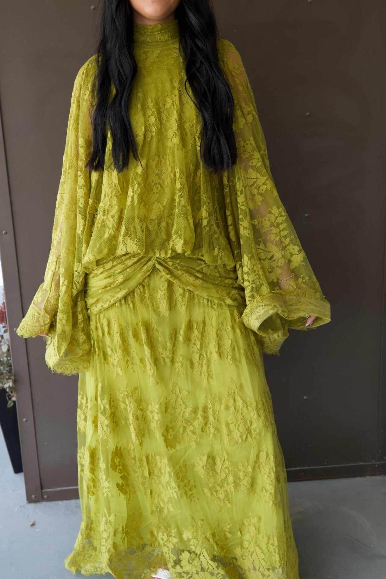 High-Neck Floral Lace Maxi Dress with Cape-Style Sleeves