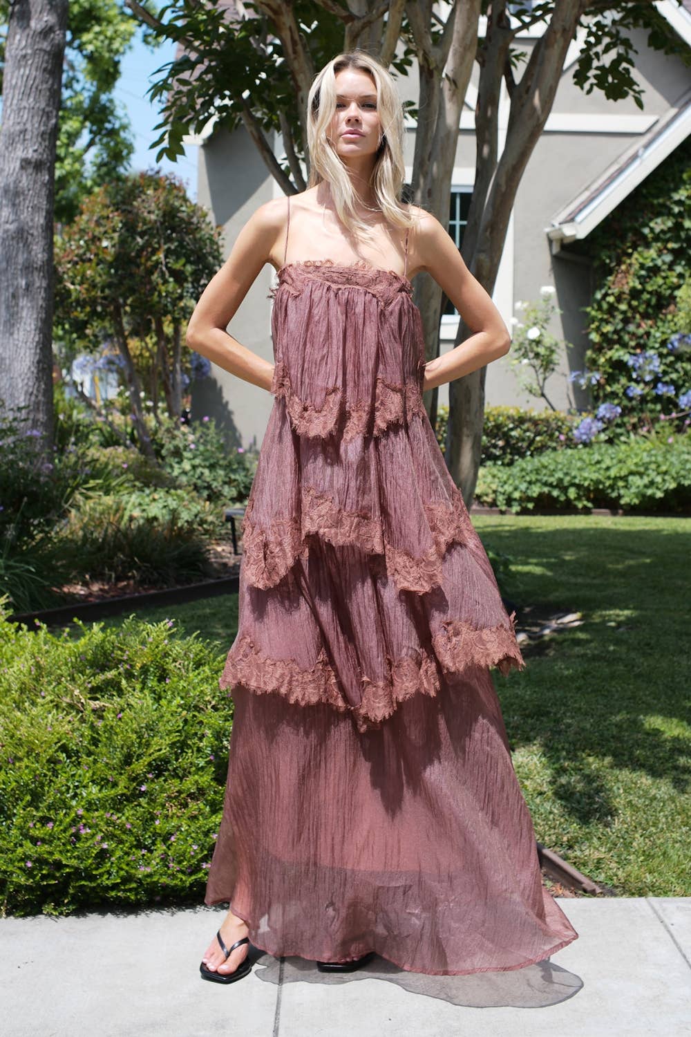 Tiered Lace-Trimmed Maxi Slip Dress