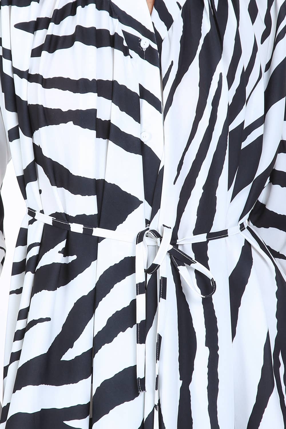 Zebra Print Belted Satin Midi Shirt Dress