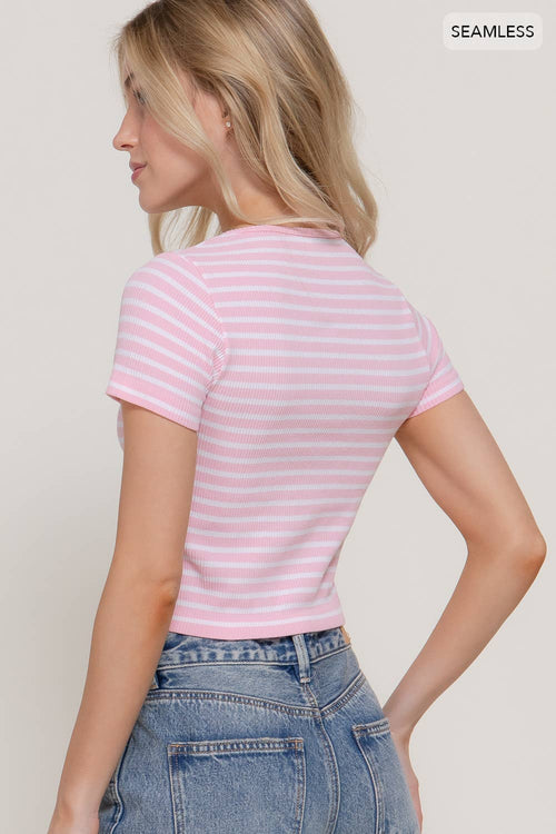 Crew Neck Stripe Seamless Rib Knit Top