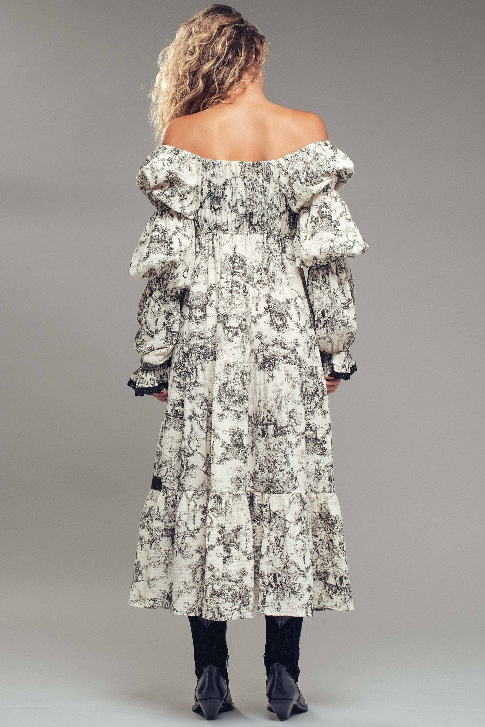 Off-Shoulder Tiered Puff Sleeve Midi Dress