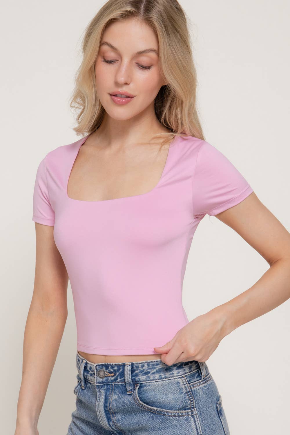 Short Sleeve Square Neck Double Layer Crop Tee