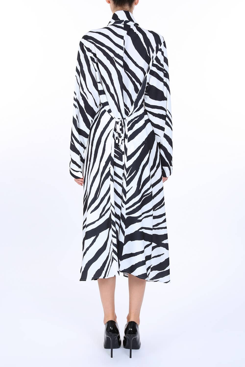 Zebra Print Belted Satin Midi Shirt Dress