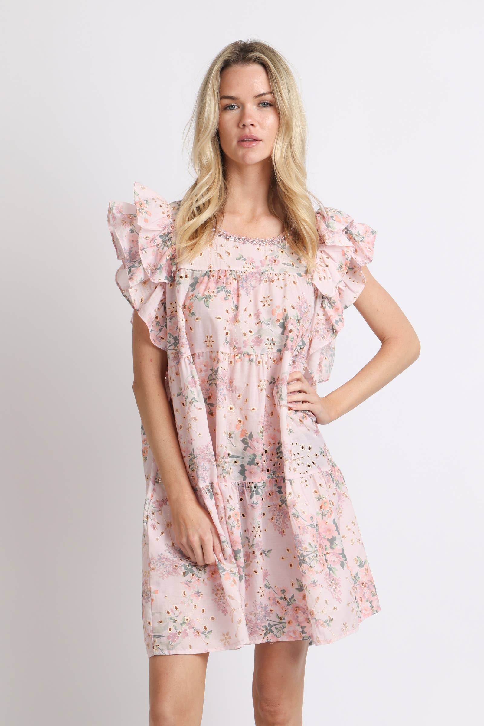 Micro Hollow Out Floral Print Ruffled Mini Dress