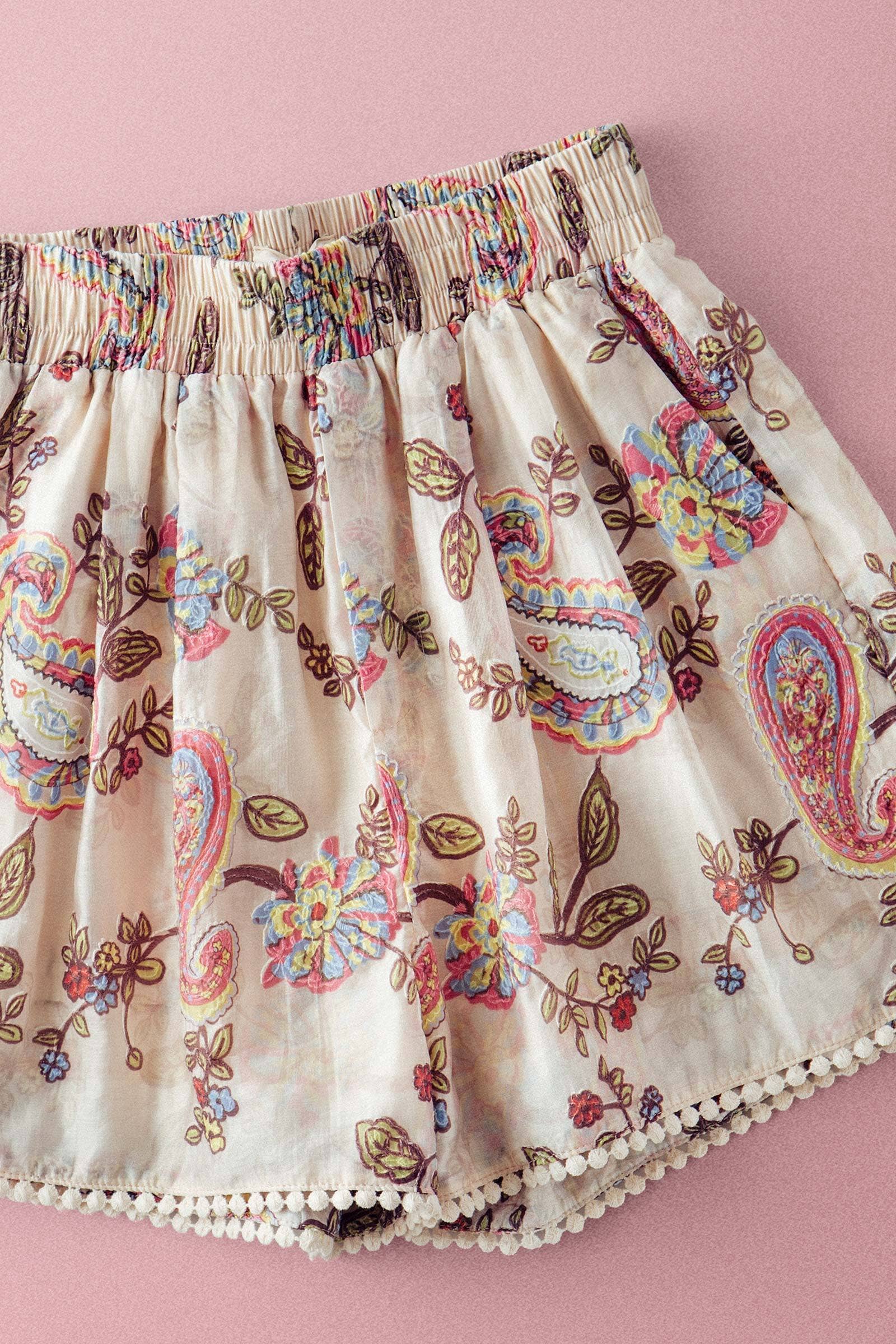 Boho Colorful Paisley Embroidered Smocked Shorts