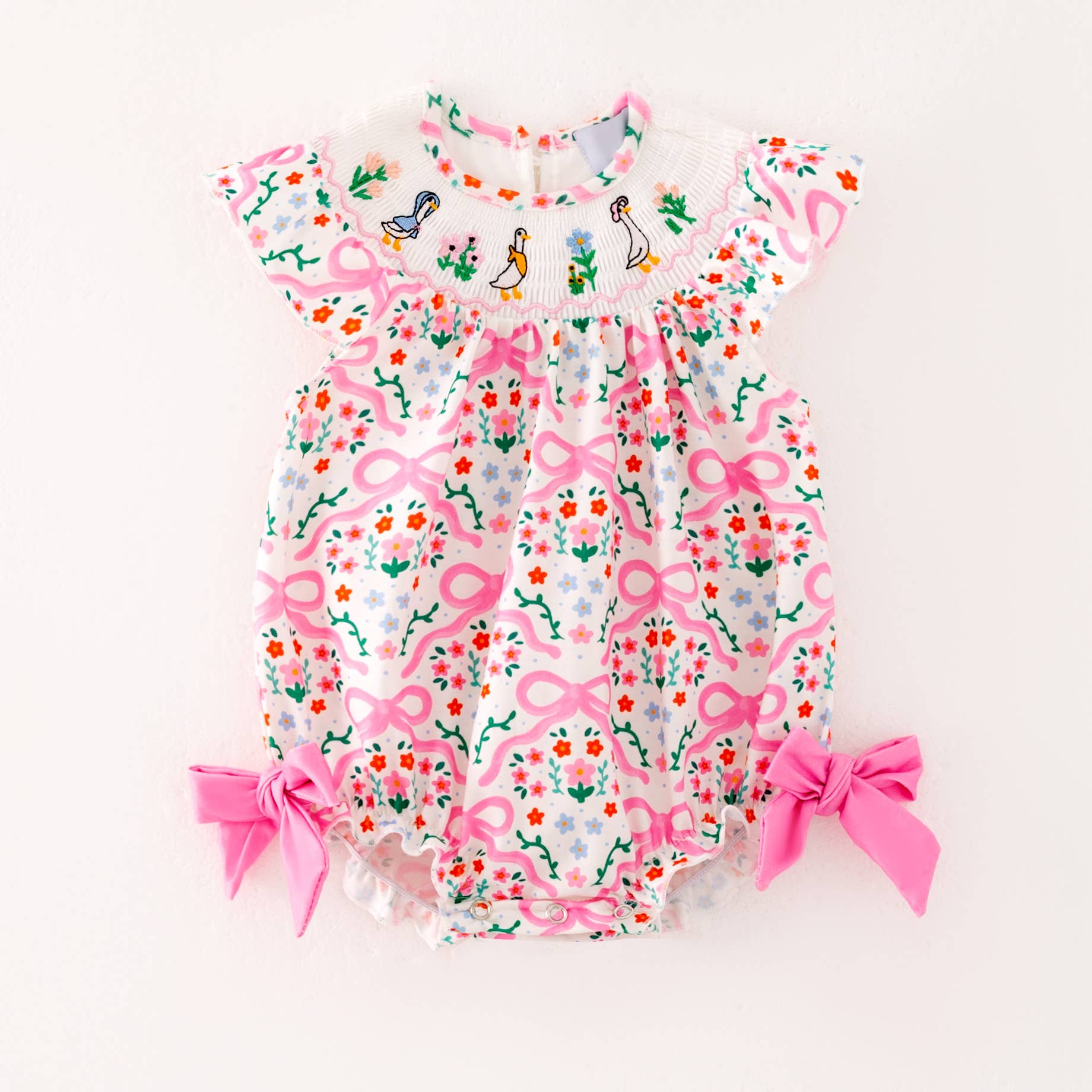 Girls Summer Pink Floral Silly Goose Smock Embroidery Romper