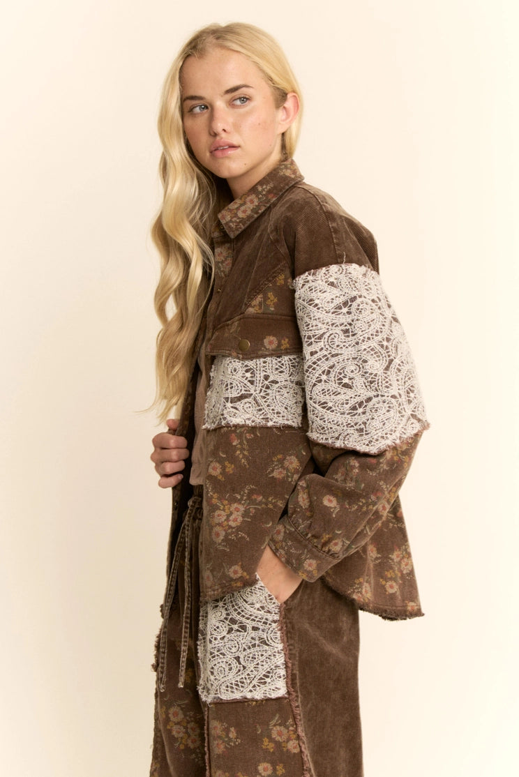 Davi and Dani Washed Floral Button Front Shacket Brown Multi