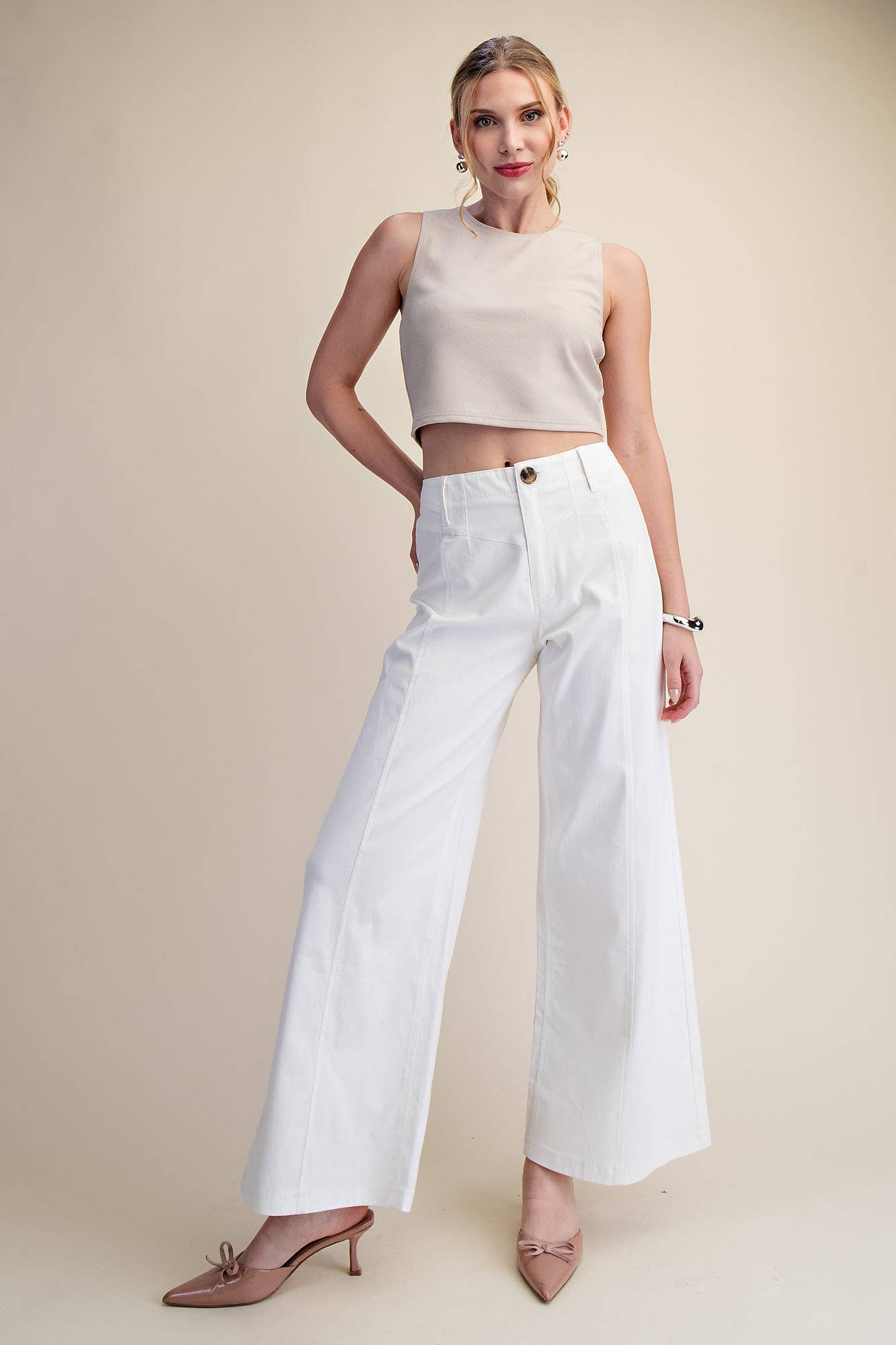 High Waist Front Yoke Seam Stretch Wide Leg Pants