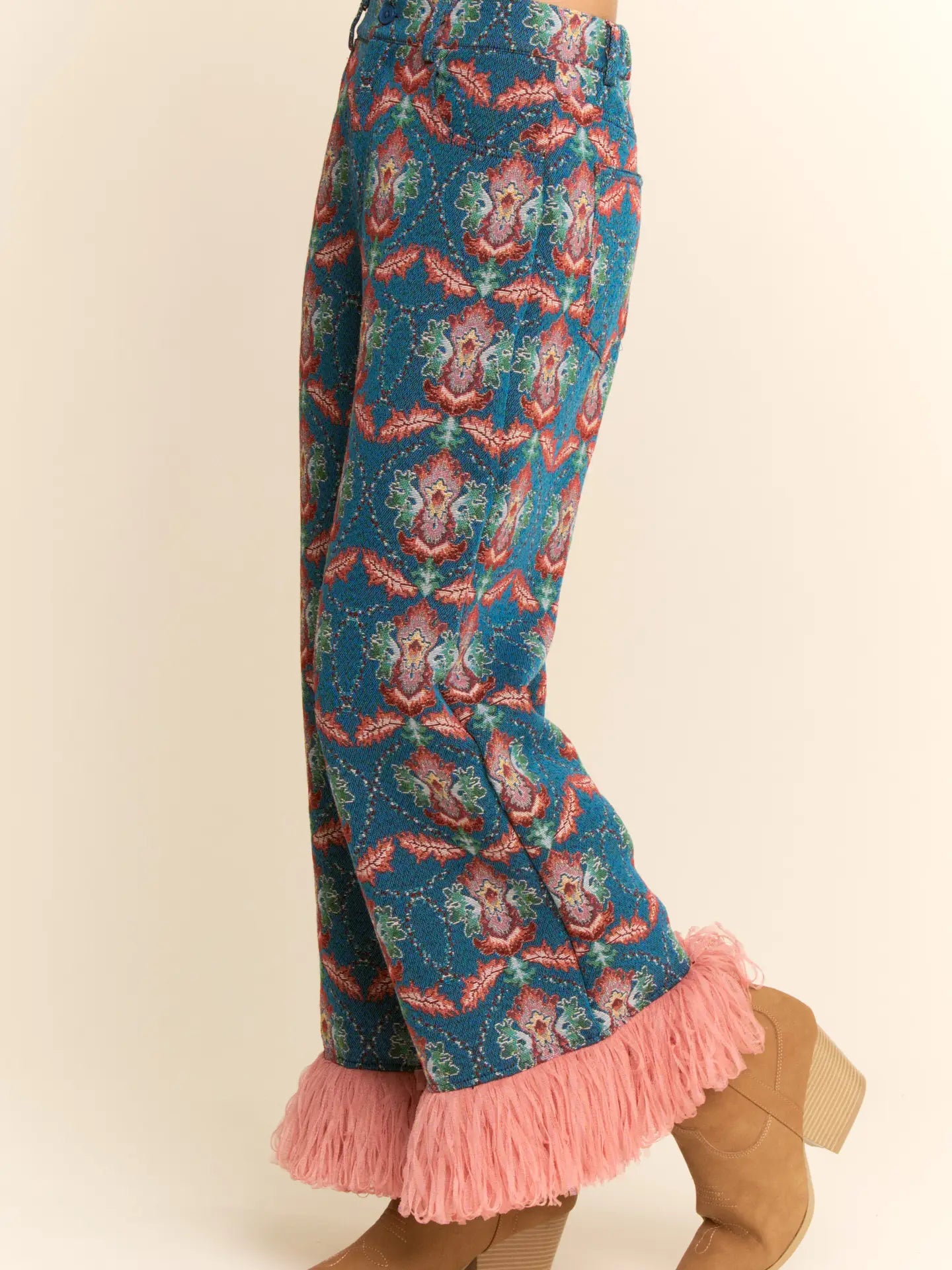 Davi and Dani Fringe Seam Detail Jacquard Pants Blue
