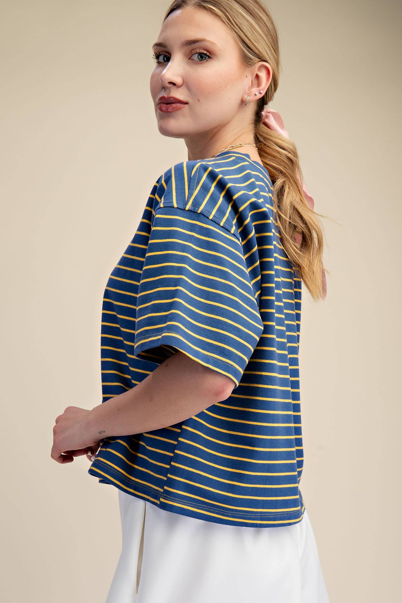 Round Neck Wide Sleeve Pullover Stripe Everyday Top