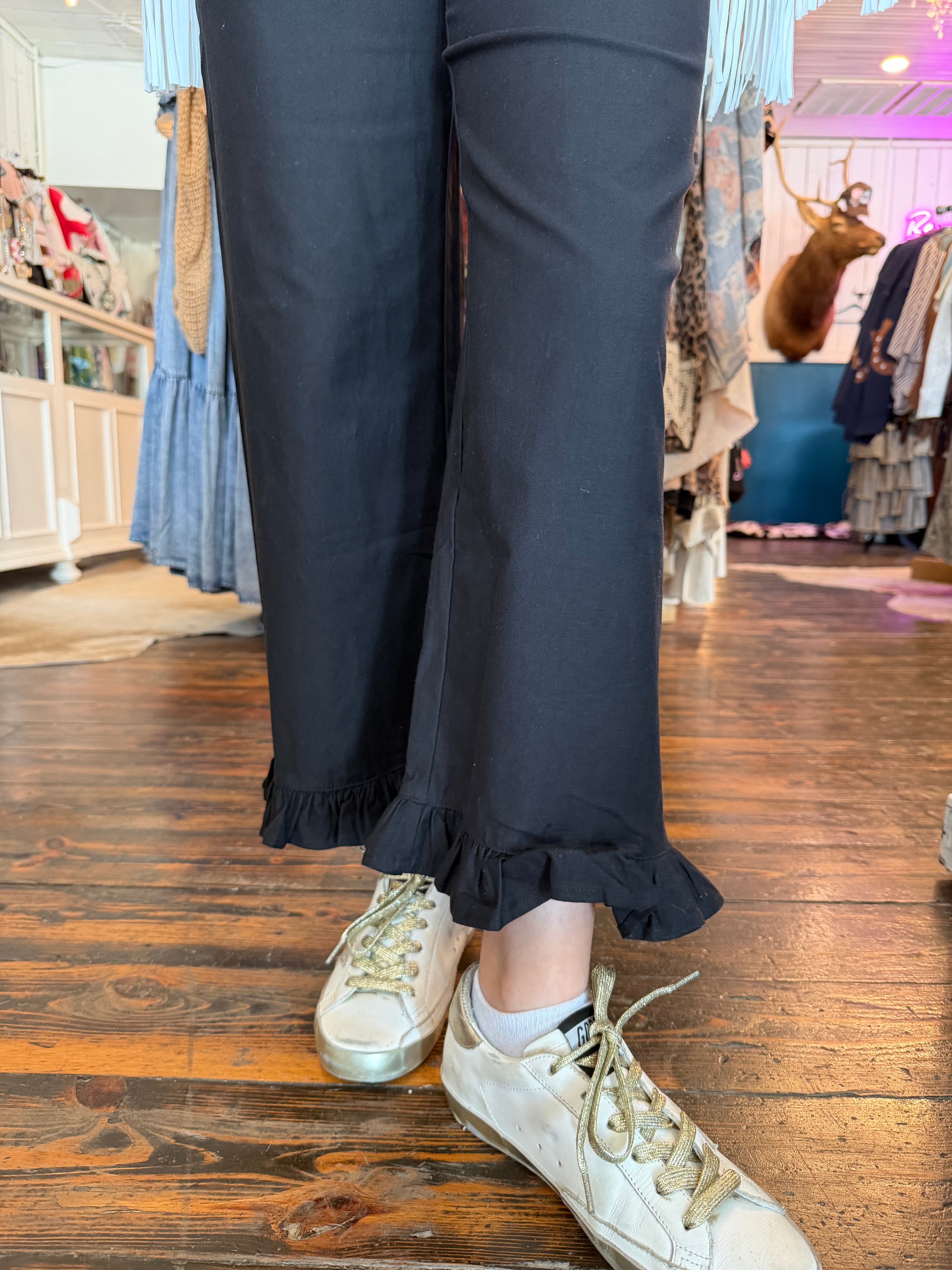 Ee Some Straight Leg Ruffled Hem Pants Black