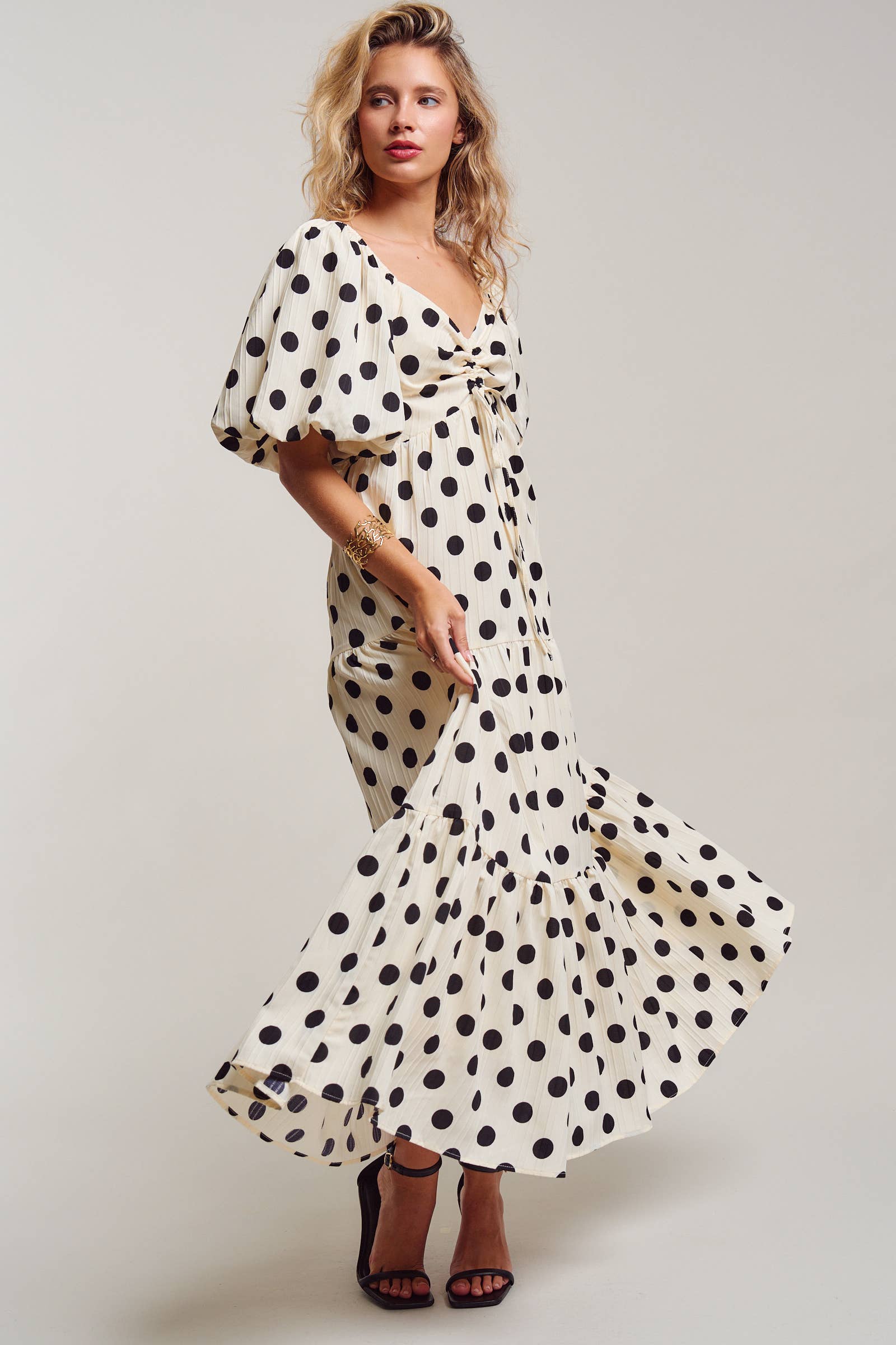 Textured Polka Dot Tie-Front Puff Sleeve Maxi Dress