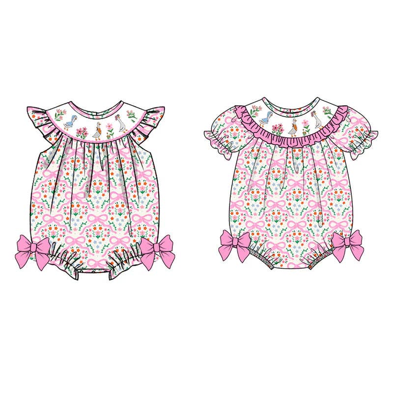 Girls Summer Pink Floral Silly Goose Smock Embroidery Romper