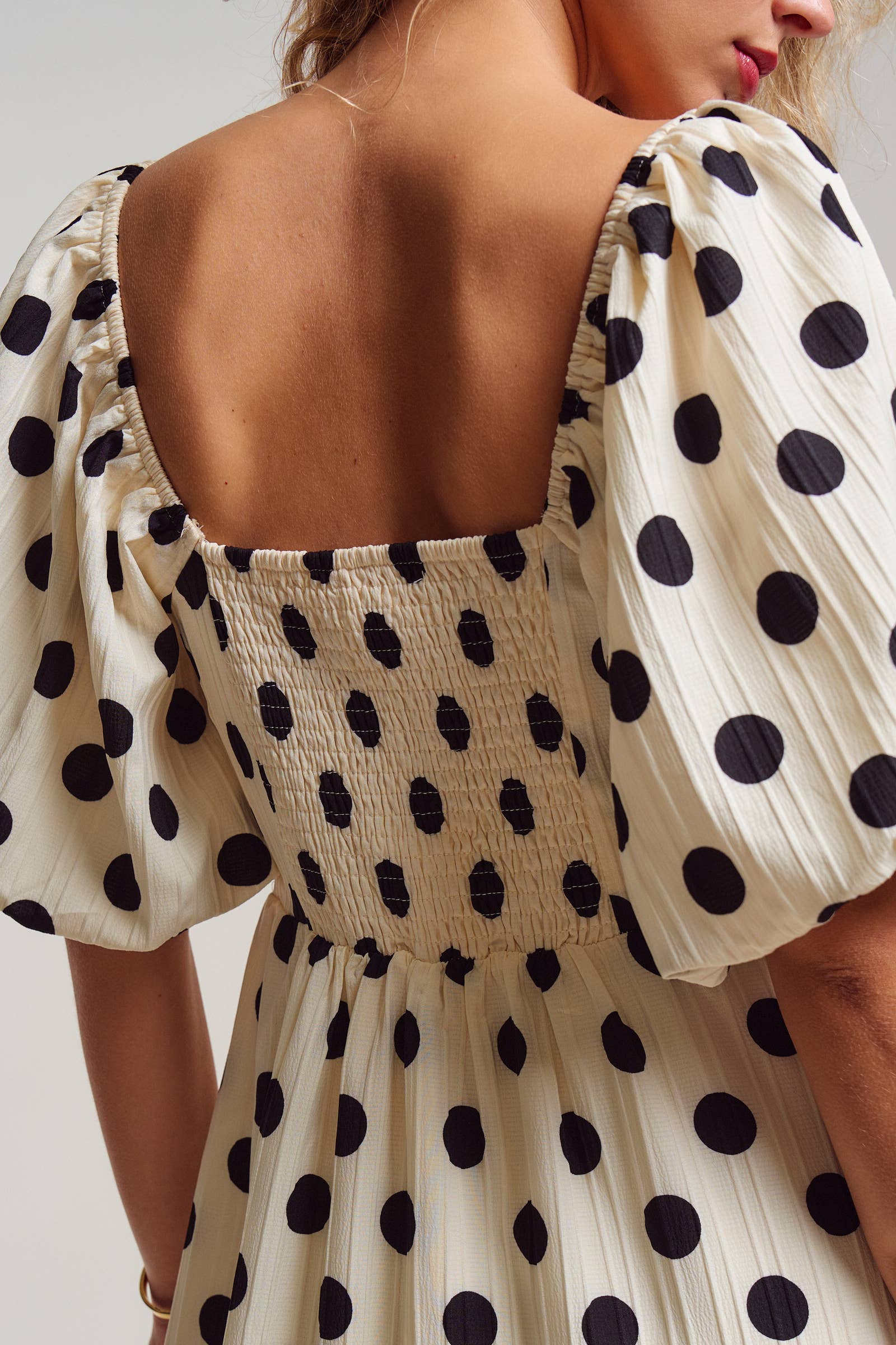 Textured Polka Dot Tie-Front Puff Sleeve Maxi Dress