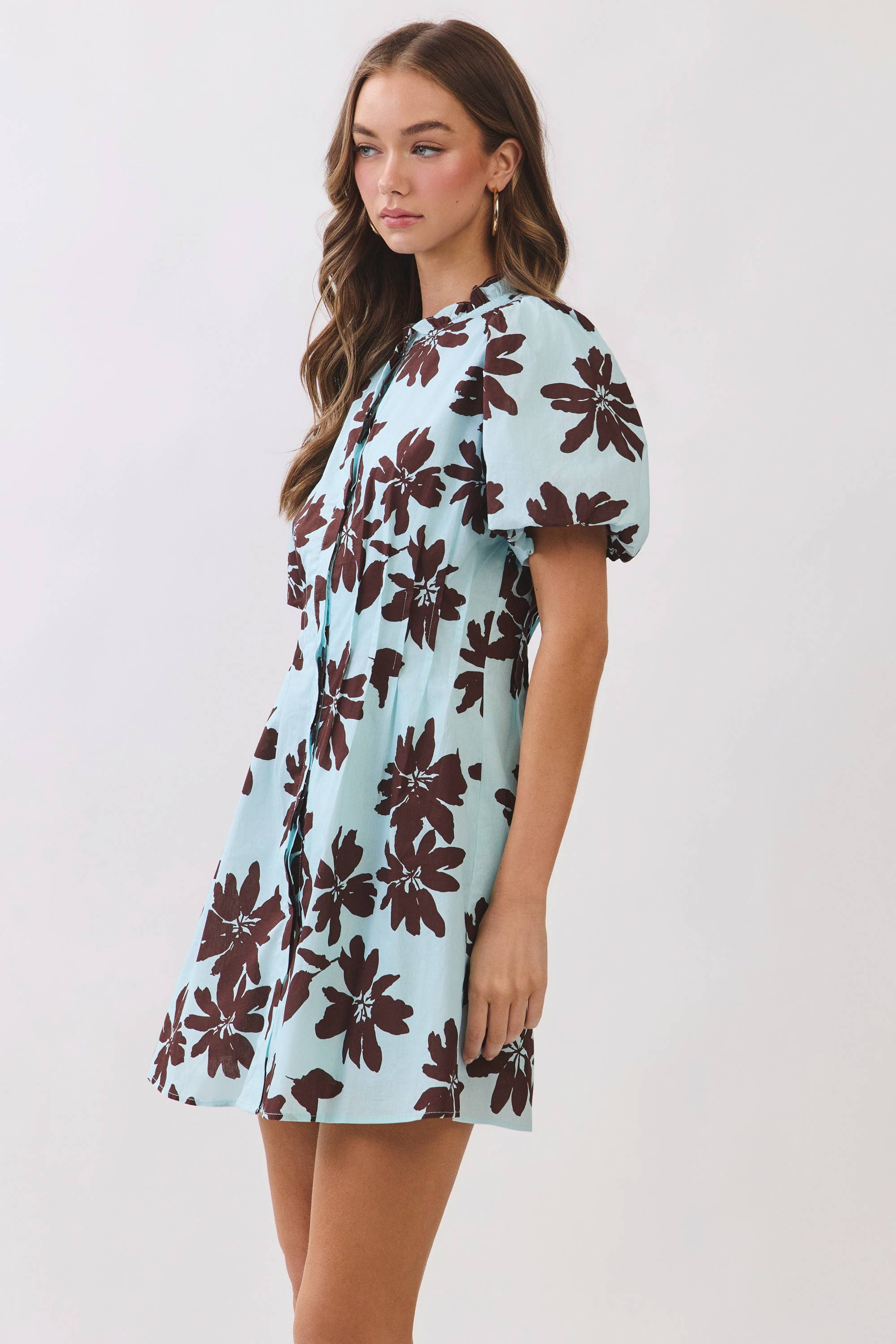 Floral Button Down Puff Sleeve Mini Dress