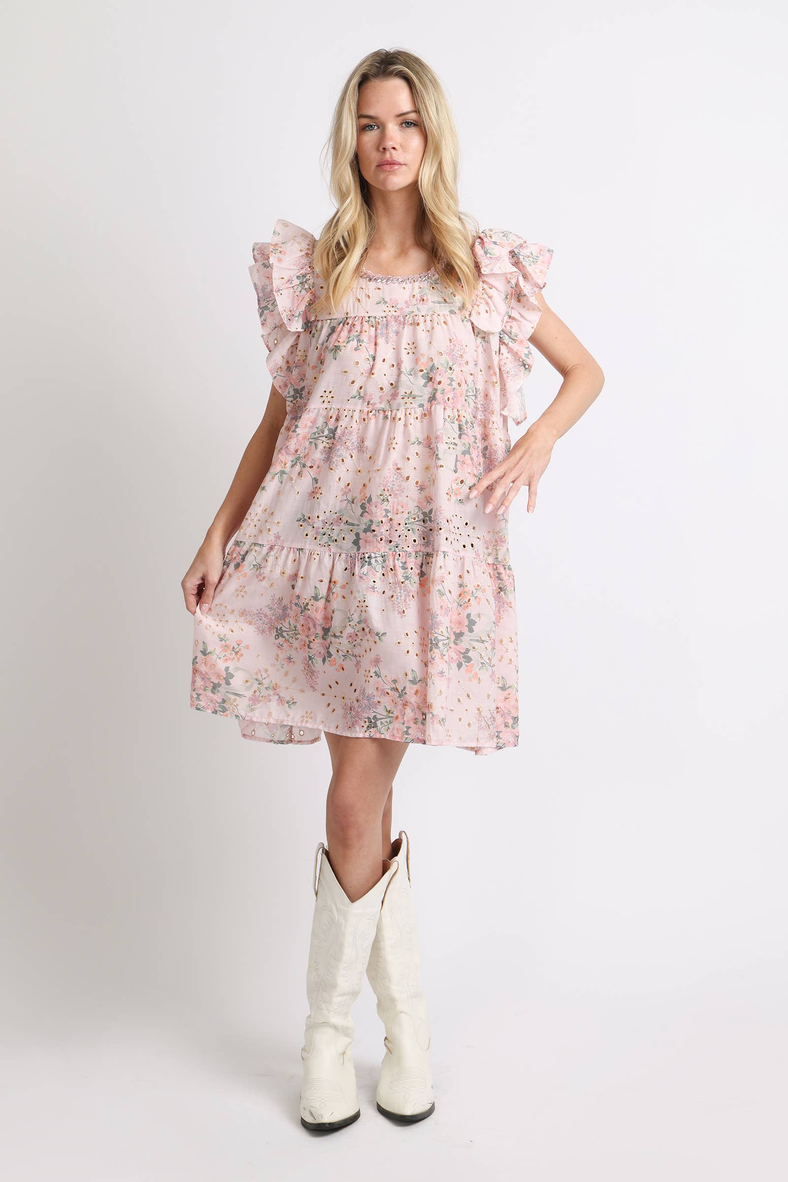 Micro Hollow Out Floral Print Ruffled Mini Dress