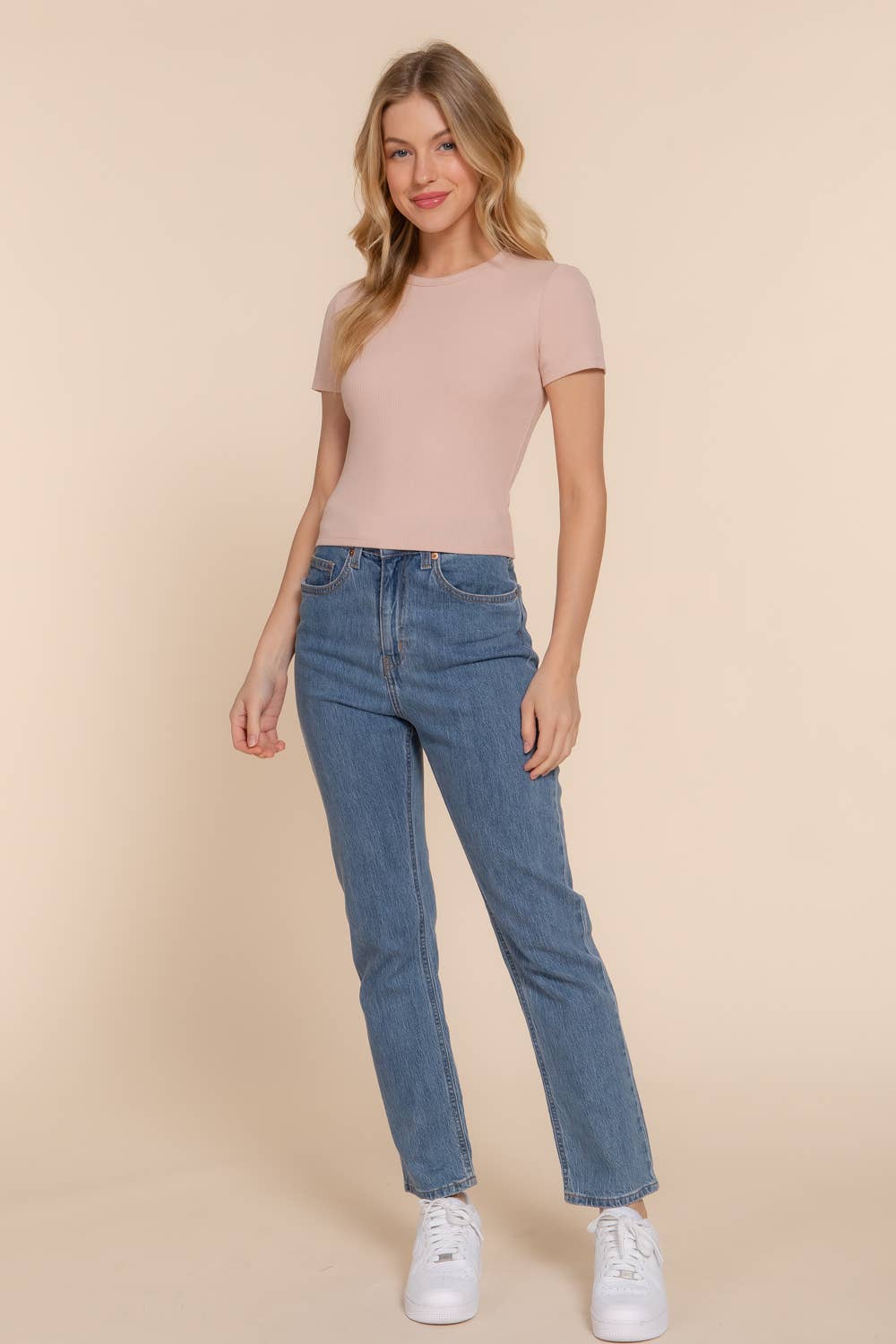 Short Sleeve Crew Neck Rib Knit Top