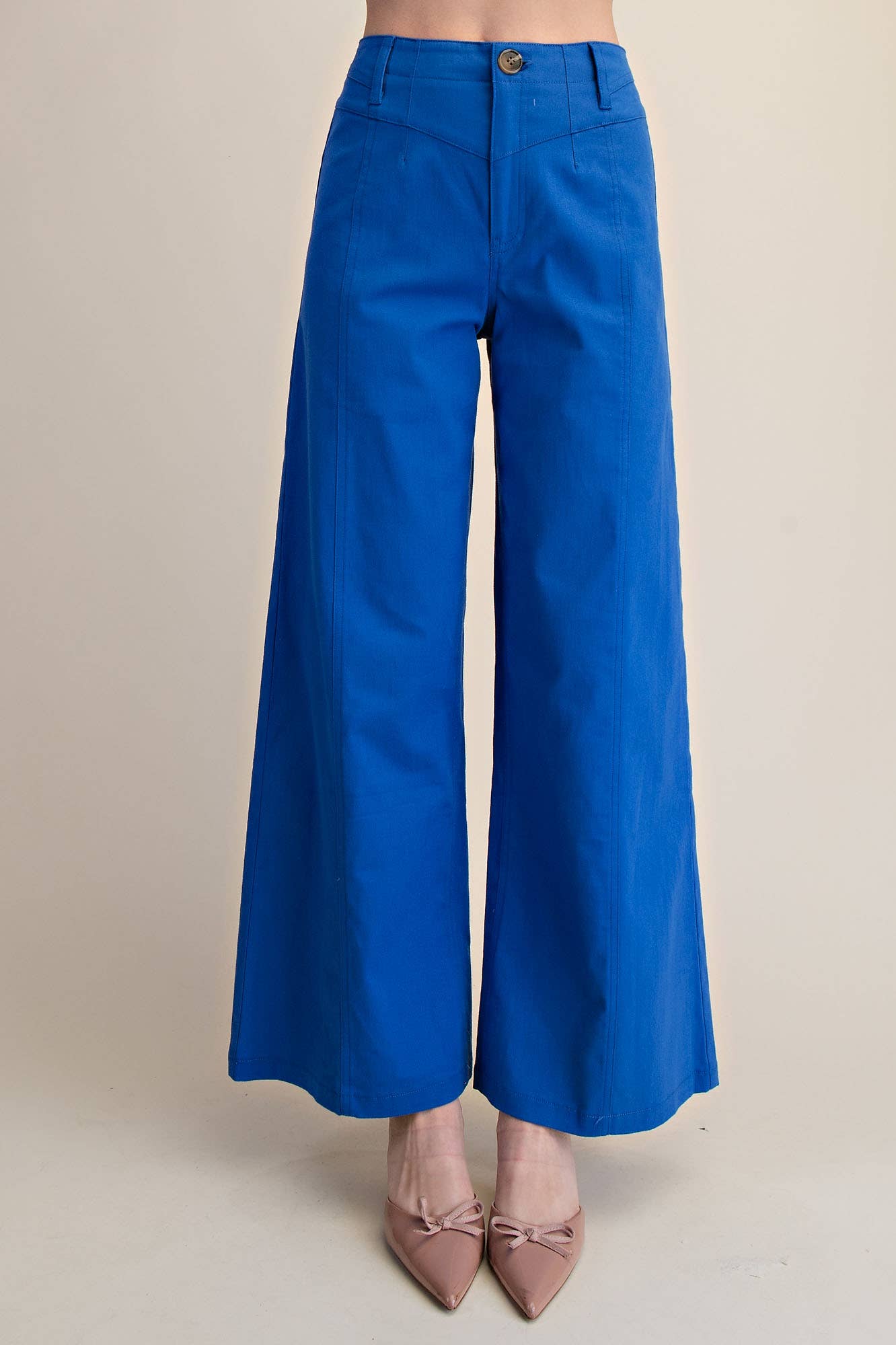 High Waist Front Yoke Seam Stretch Wide Leg Pants