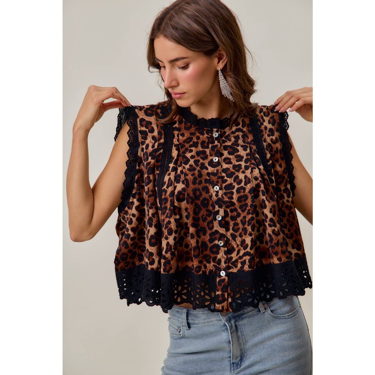 Leopard Button Up Pleated Sleeveless Blouse Top