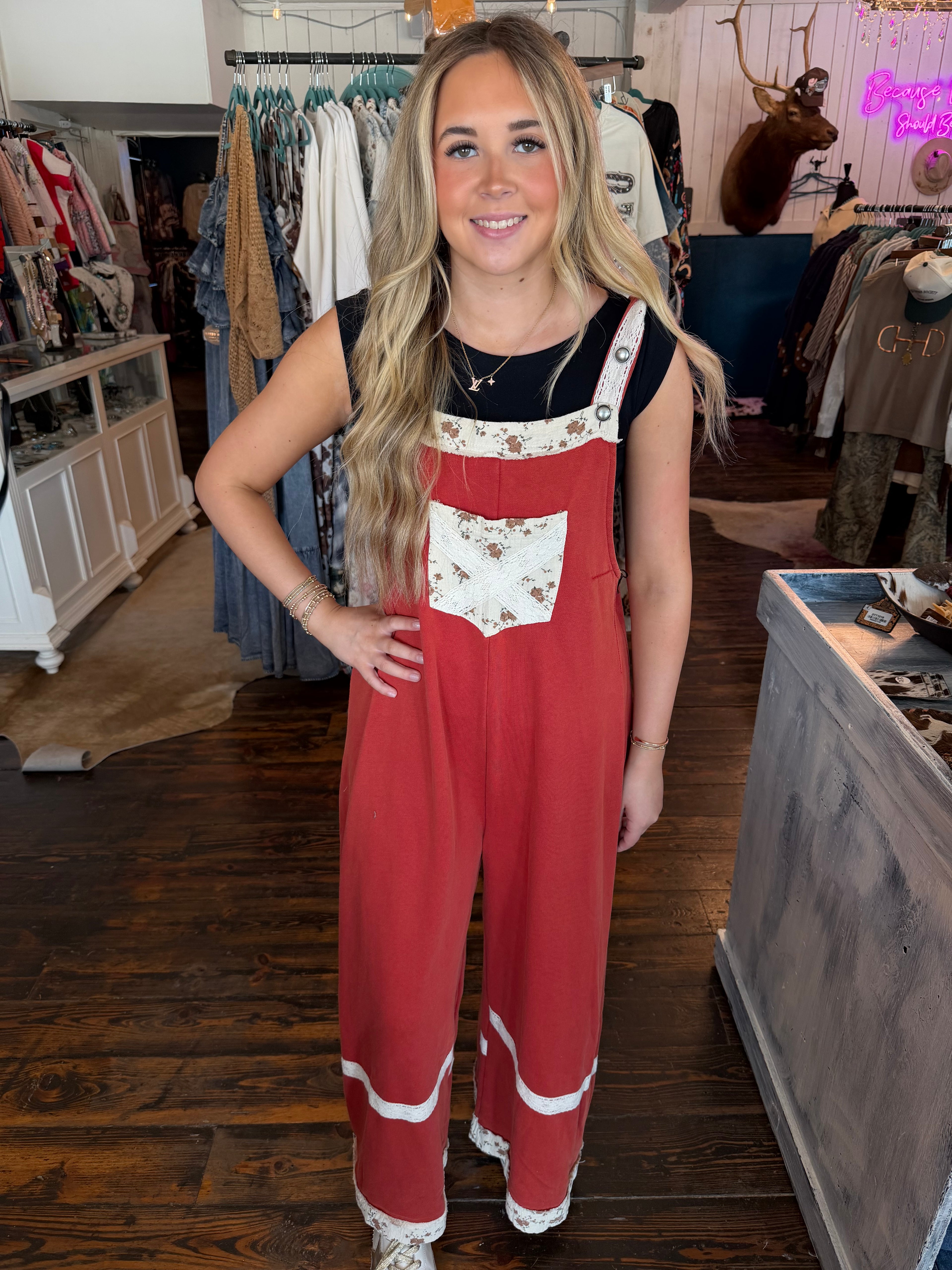 POL Red Floral Overalls