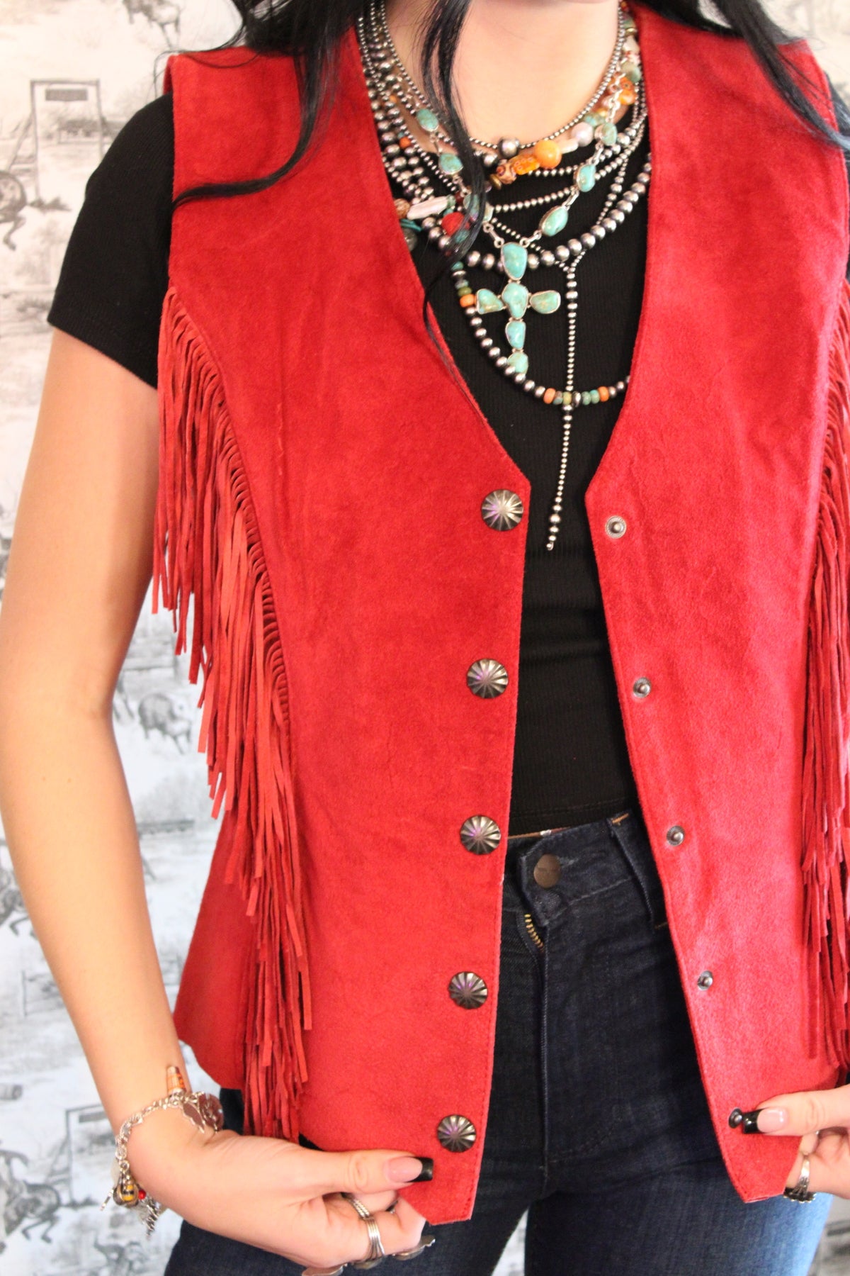 Scully Fringe Snap Front Closure Vest Red Suede