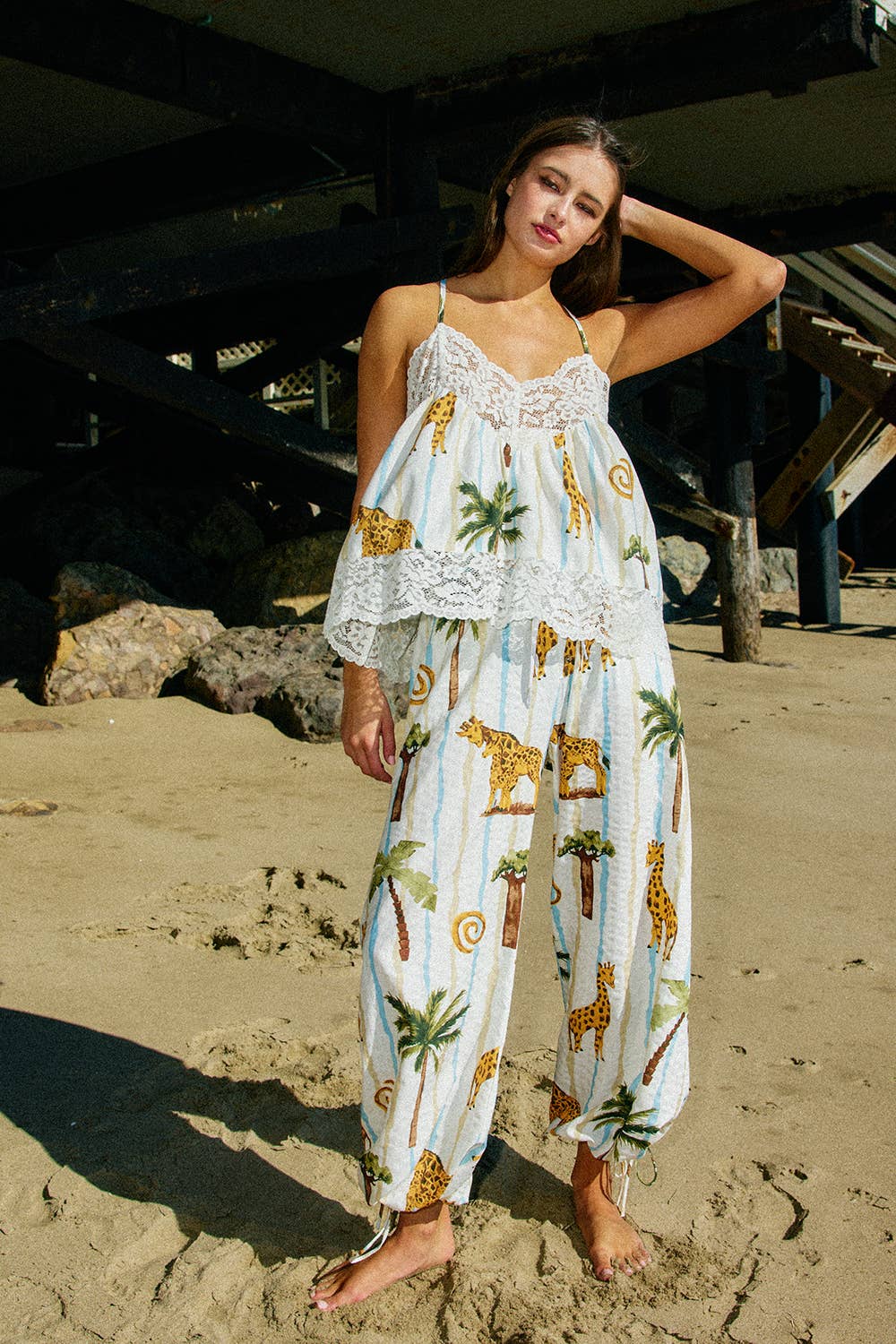 Comfy Elastic Waist Tropical Print Pants