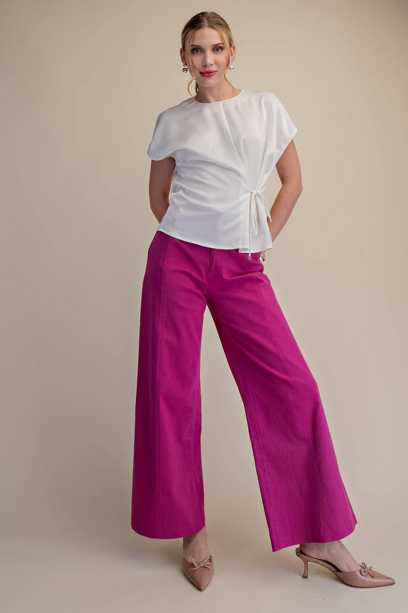 High Waist Front Yoke Seam Stretch Wide Leg Pants