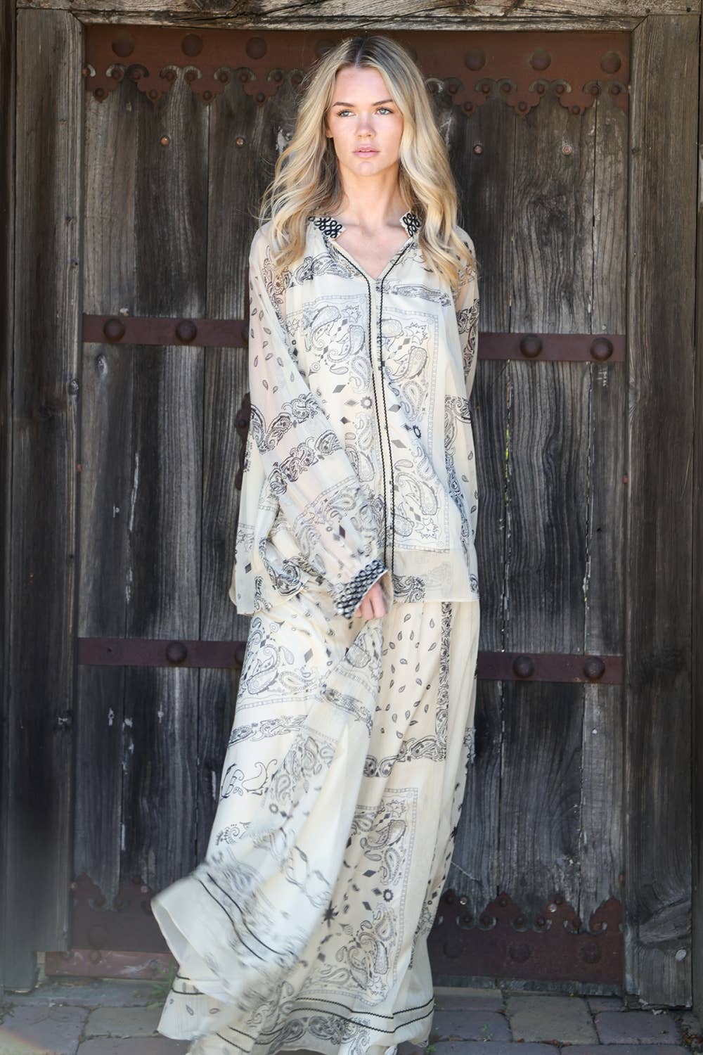 Contrast Paisley Sheer Top & Pants Set
