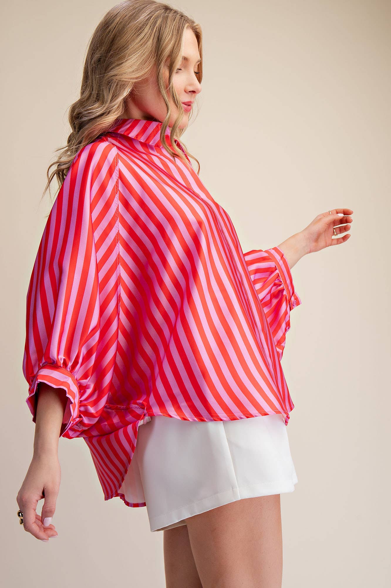 Oversized Shirt With Balloon Sleeve - Stripe