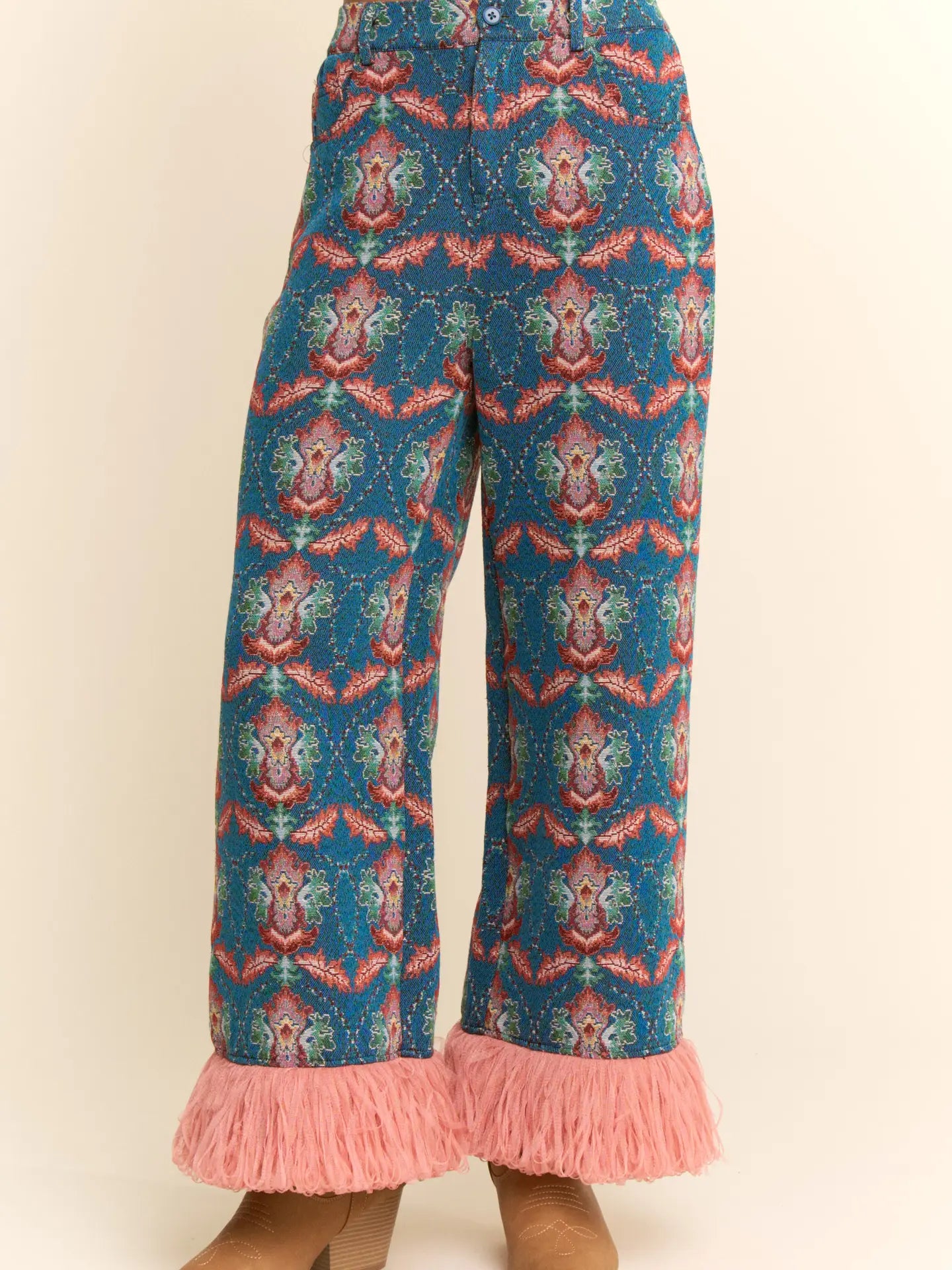 Davi and Dani Fringe Seam Detail Jacquard Pants Blue