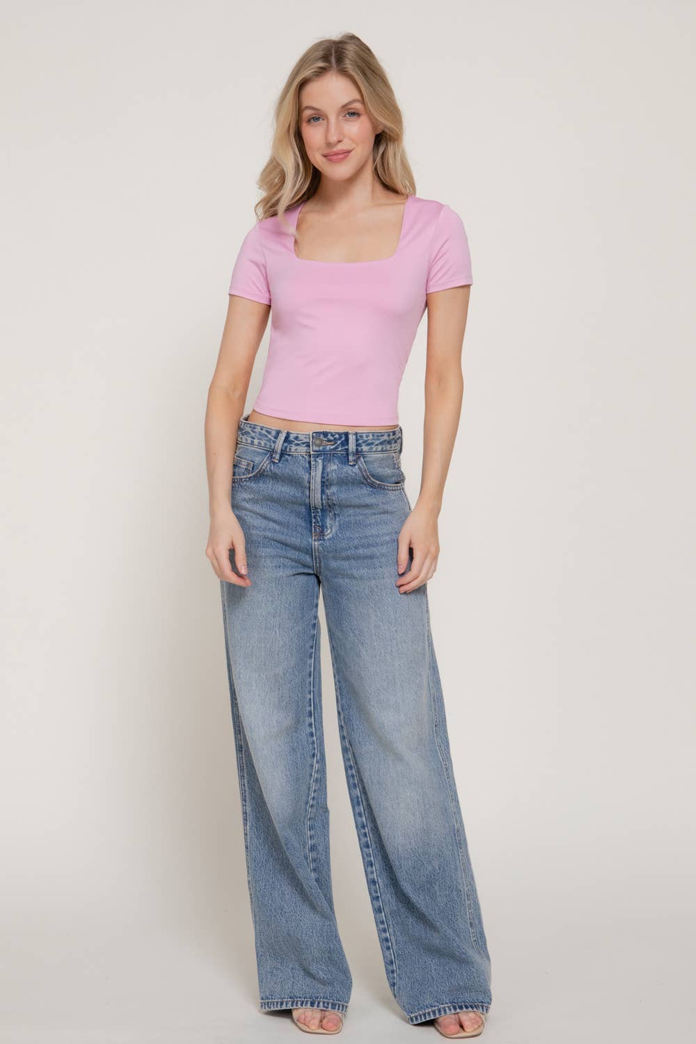 Short Sleeve Square Neck Double Layer Crop Tee