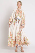 Floral Print Belted Puff Button Up Maxi Dress