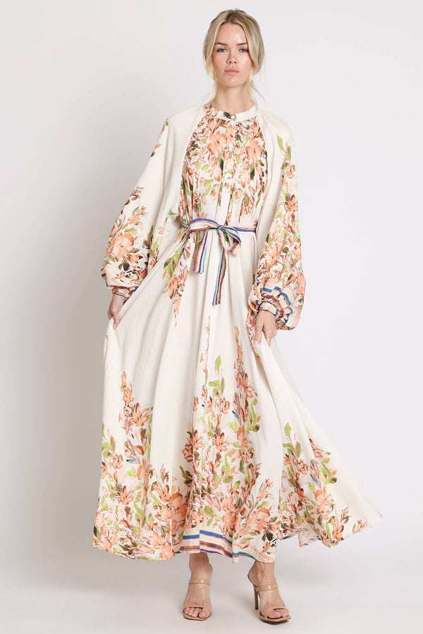 Floral Print Belted Puff Button Up Maxi Dress