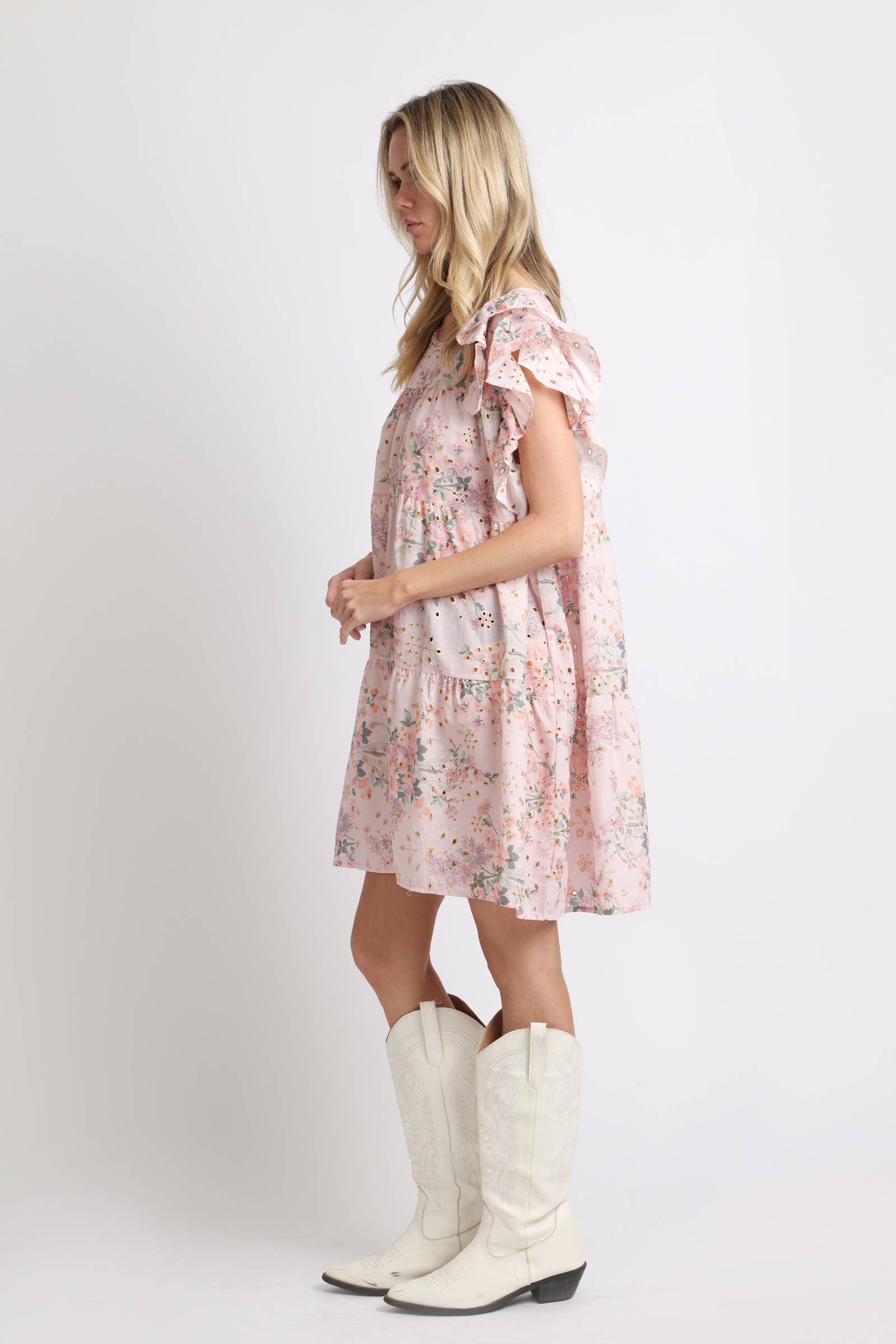 Micro Hollow Out Floral Print Ruffled Mini Dress