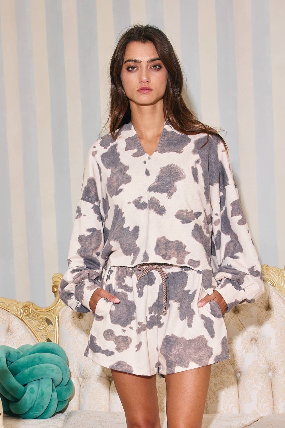 Cow Print Oversized Cropped Sweatshirt