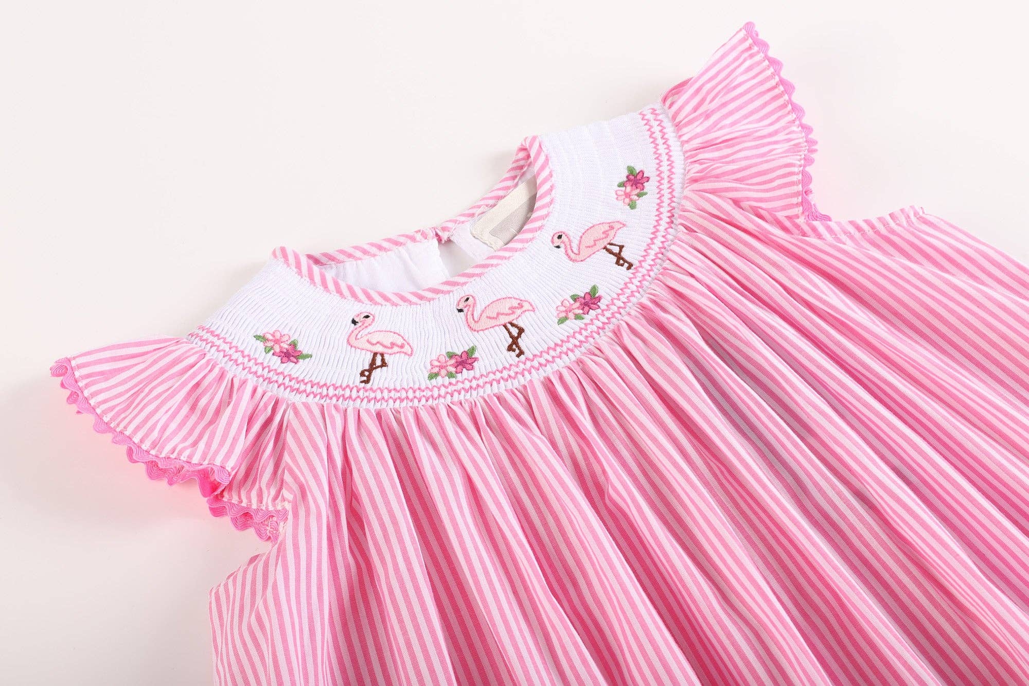 Pink Striped Flamingo Smocked Bishop Dress