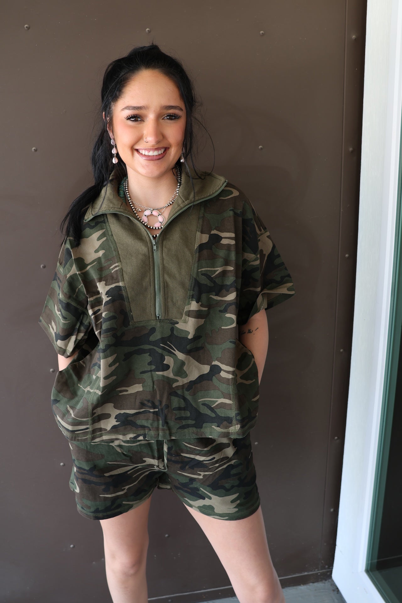 Half Zip Camo Short Set