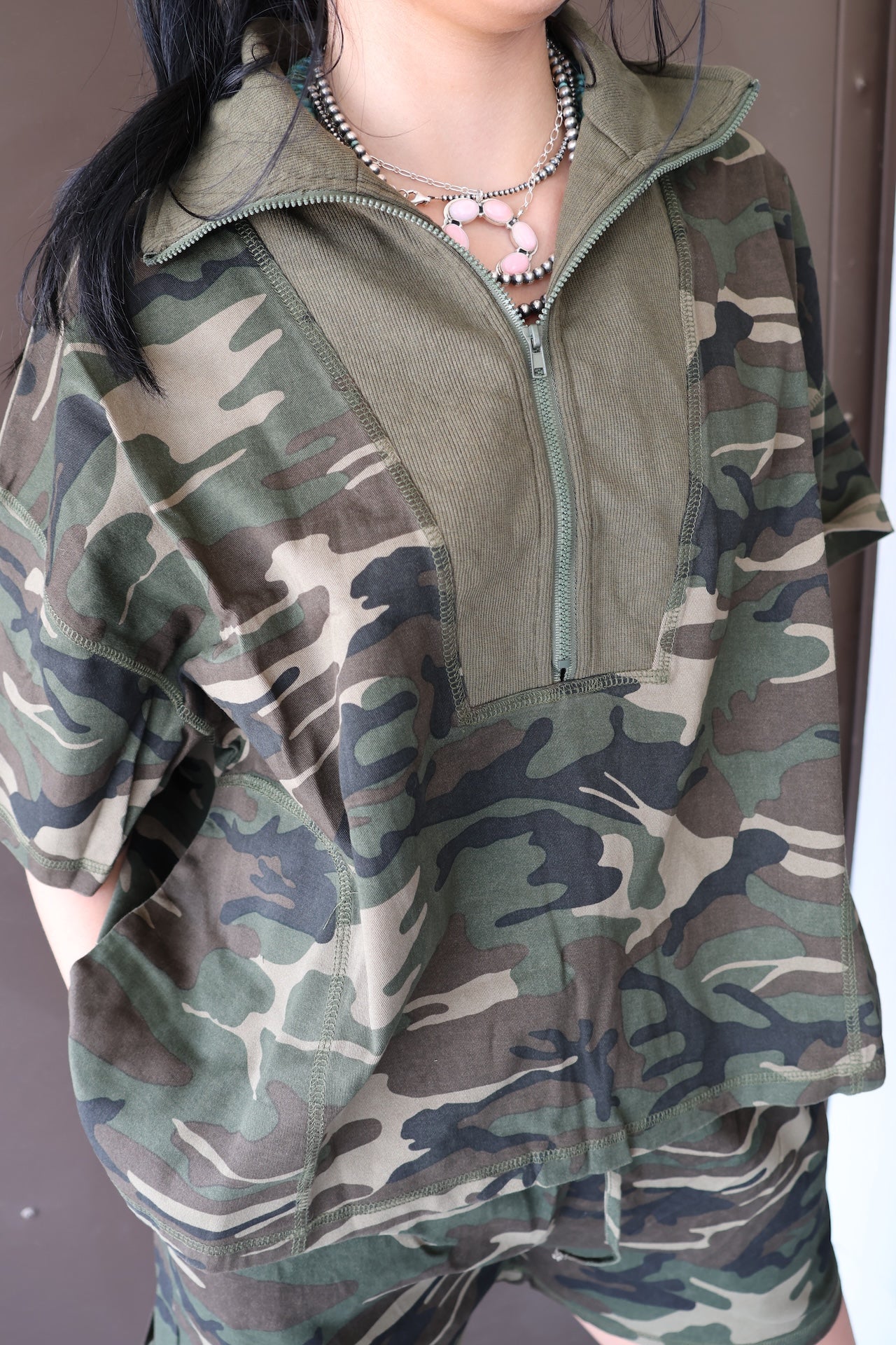 Half Zip Camo Short Set