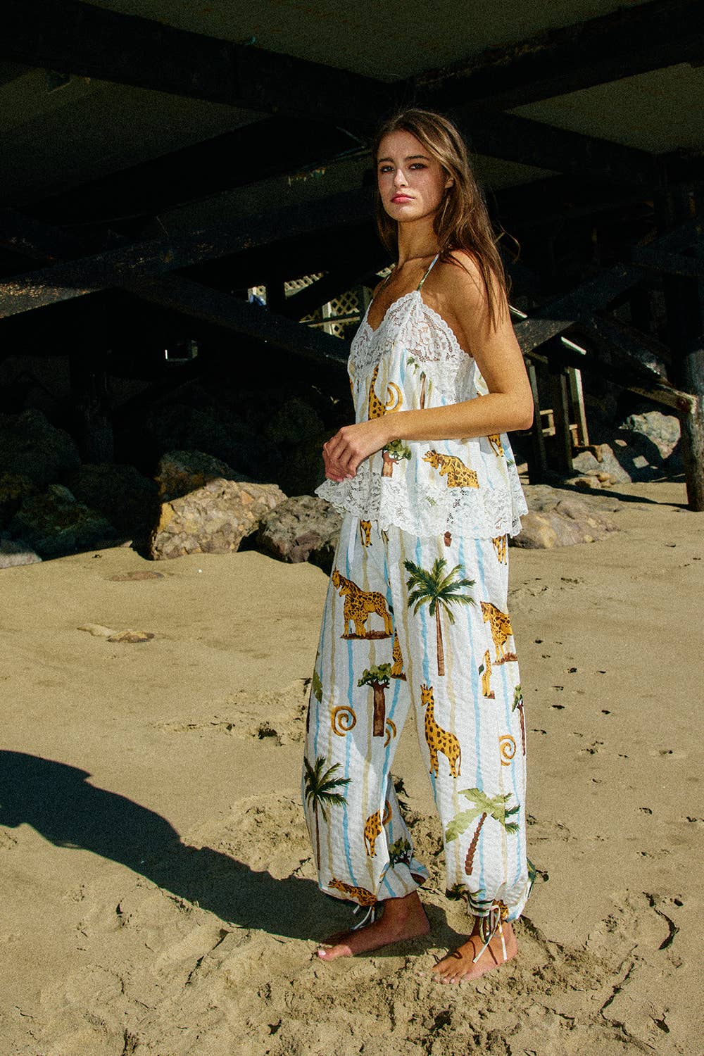 Tropical Print Lace Detail Top